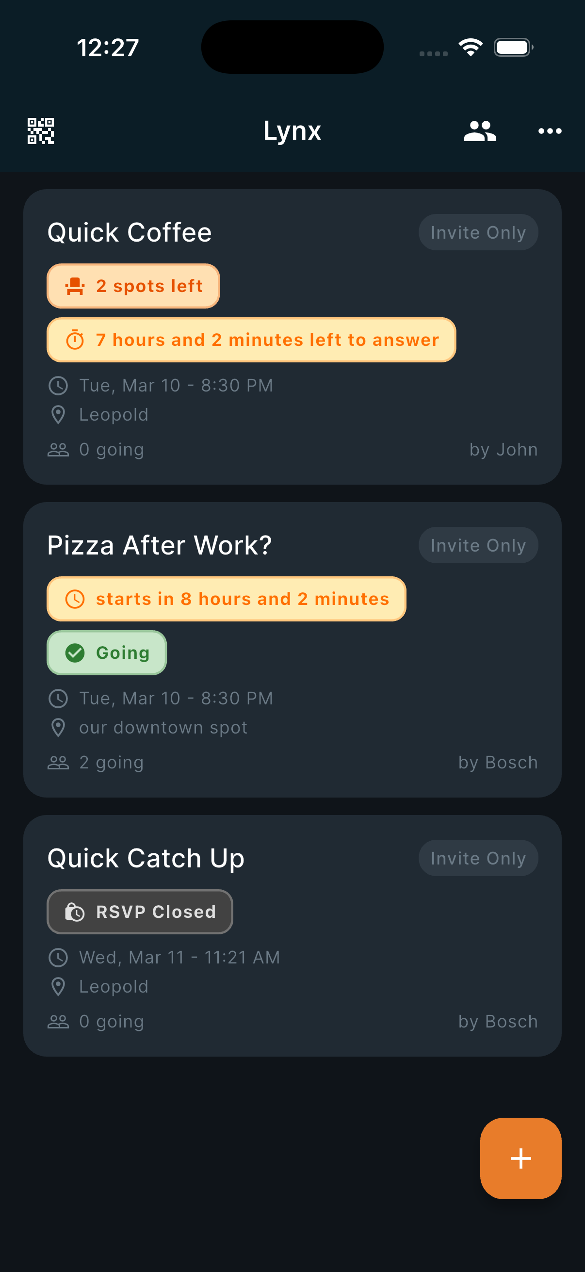 Lynx app showing private meetup events